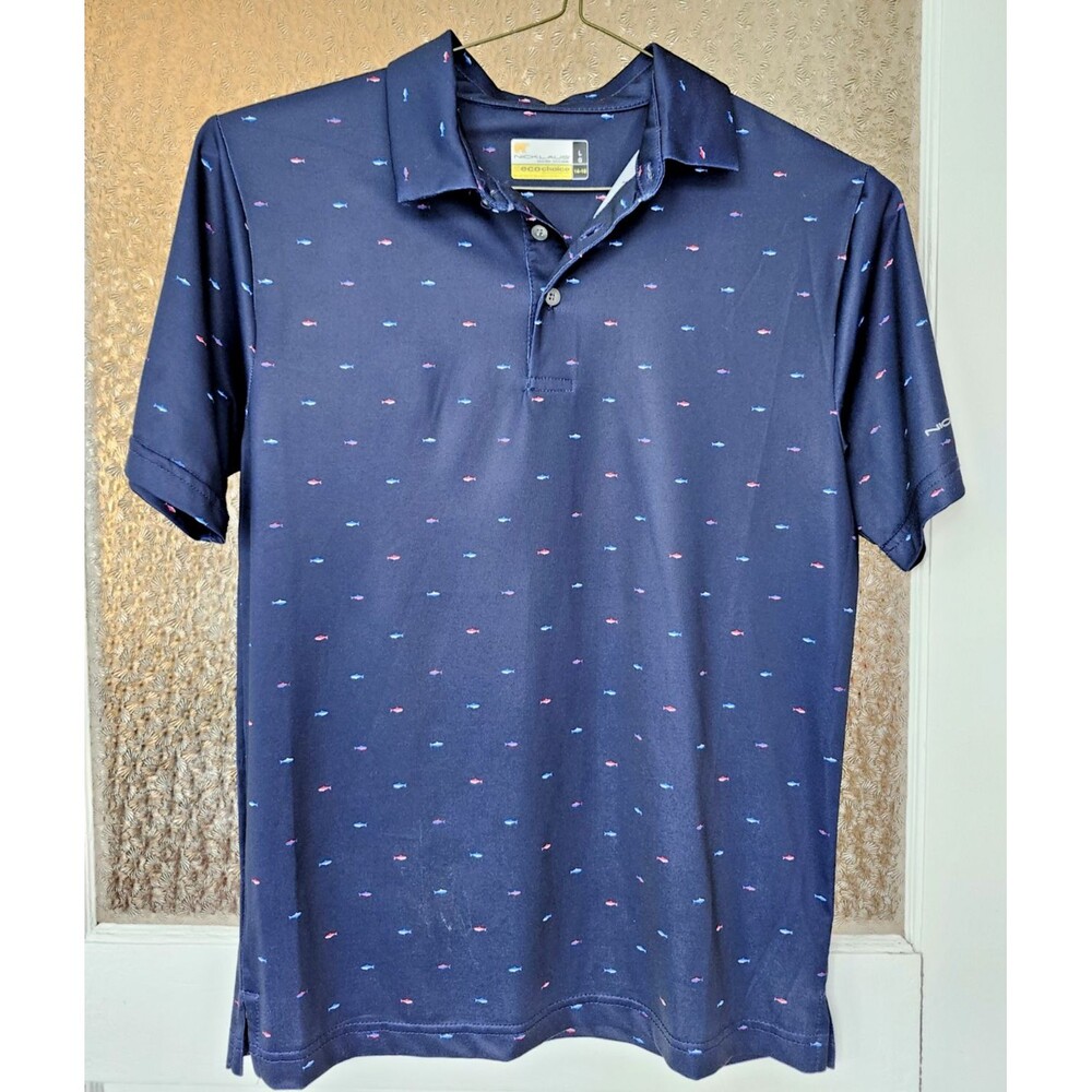 Jack Nicklaus Youth L 14–16 Navy Polo Shirt EUC – Fish Pattern – Eco Choice